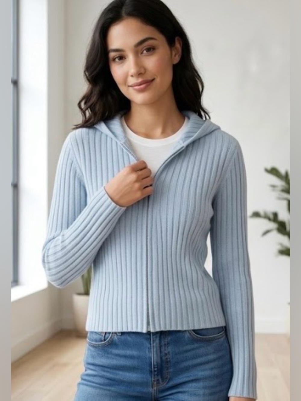 Women's Light Blue Ribbed Zip Hoodie Cardigan 846